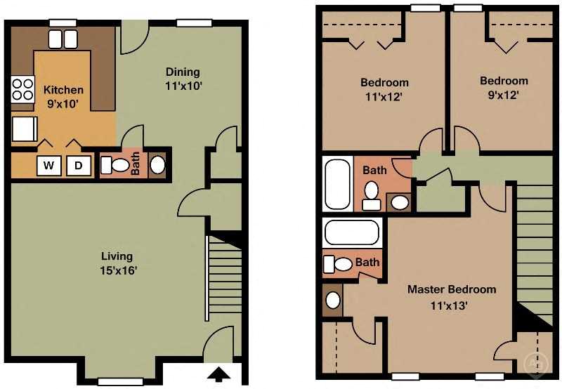 Floor plan for 3 beds, 2.5 baths, 1220 sqft
